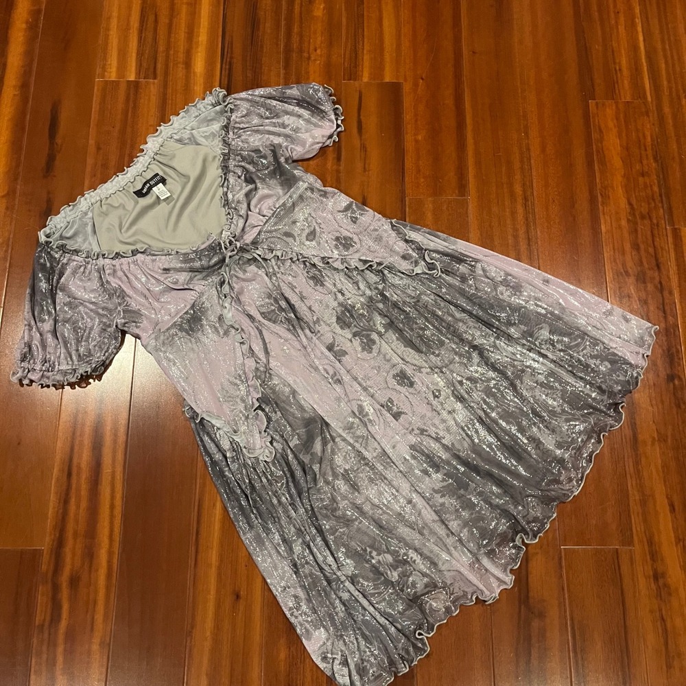 Urban Outfitters Fairycore Dress Metallic Silver Damask Grey Boho Size Small